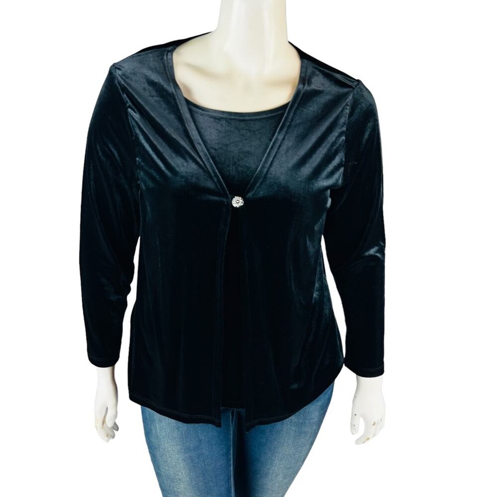 VTG Notations Womans 1X Plus‎ Blouse Stretch Long Sleeve Black Cardigan Tank